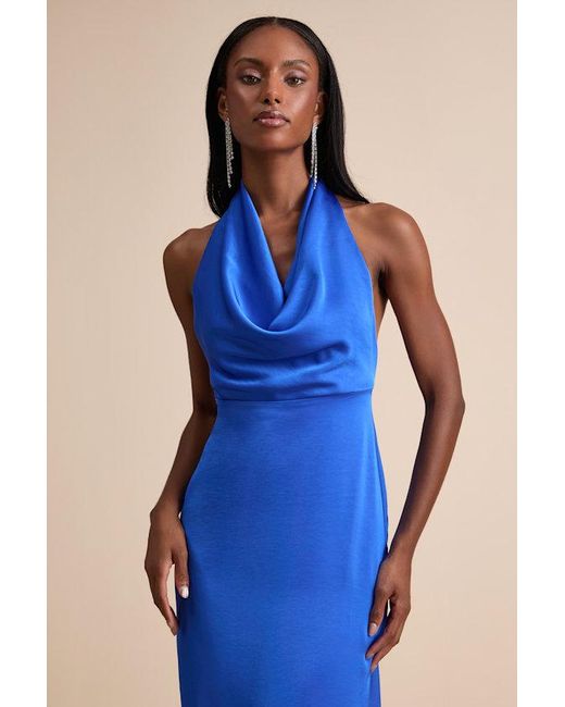 Lulus Carmelo Satin Halter Neck Backless Maxi Dress in Blue | Lyst