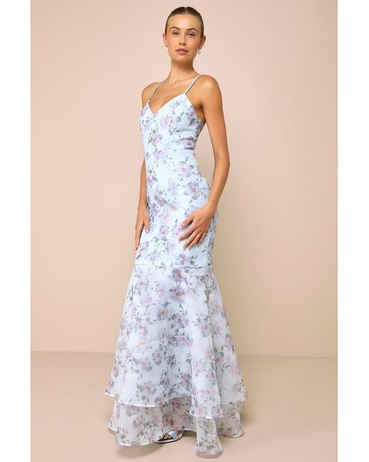 Lulus Blue Pure Splendor Light Floral Organza Trumpet Maxi Dress