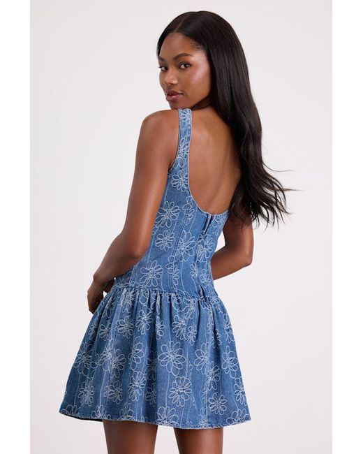 Lulus Blue Kodi Medium Wash Floral Denim Drop Waist Mini Dress