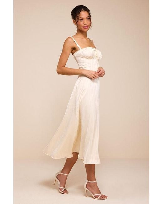Lulus Natural Adlynn Striped Satin Bustier Midi Dress