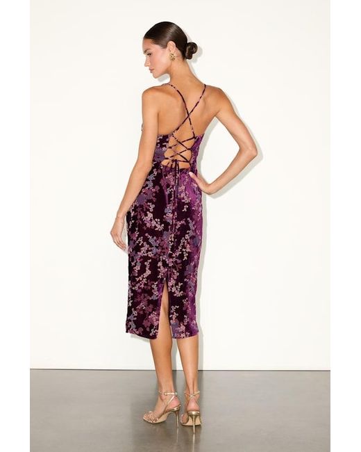 Lulus Red Moody Allure Plum Floral Velvet Burnout Lace-Up Midi Dress
