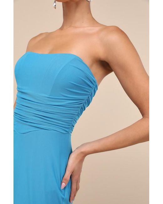 Lulus Blue Epitome Of Allure Bright Mesh Strapless Ruched Maxi Dress
