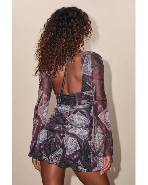 Lulus Purple Naylah And Boho Print Mesh Long Sleeve Mini Dress