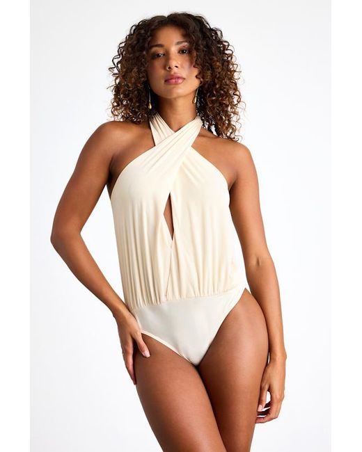 Lulus Black Jamison Cream Jersey Knit Cross-Front Halter Bodysuit