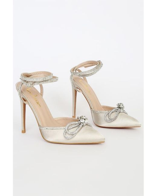 Lulus Gray Lullie Satin Rhinestone Ankle Strap Pointed-Toe Pumps
