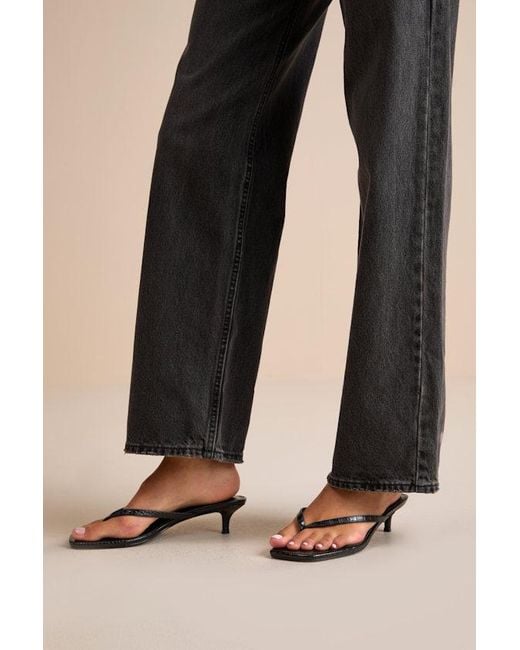 Lulus Black Massima Croc-Embrossed Kitten Heel Thong Sandals