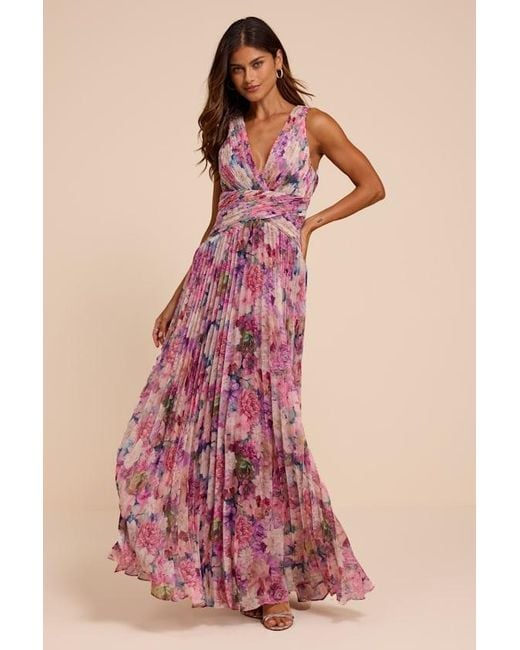 Lulus Red Andra Floral Pleated Lace-Up Maxi Dress