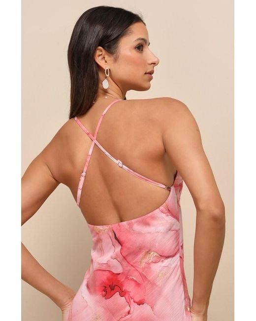 Lulus Pink Bright Charm Abstract Print Chiffon Slip Midi Dress