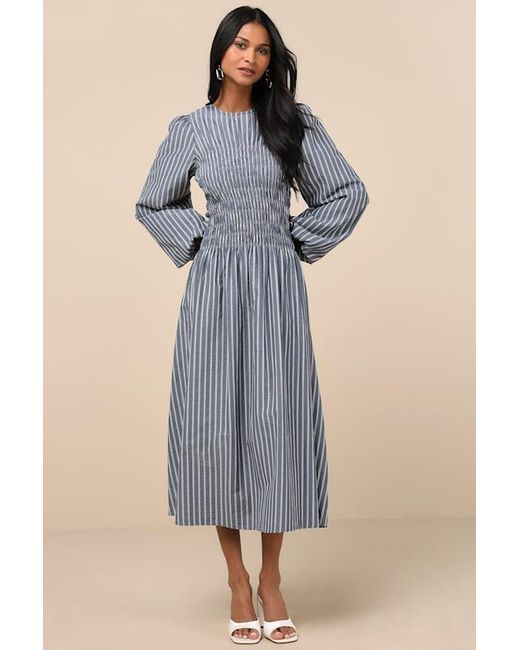 Extro & Vert Blue Ayla Striped Smocked Blouson Sleeve Midi Dress