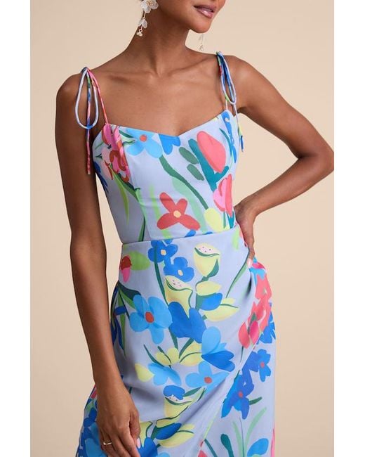 Lulus Blue Kristel Floral Print Tie-Strap Midi Dress