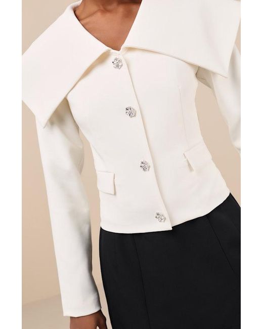 Lulus White Distinctly Chic Shawl Collar Rhinestone Button Blazer