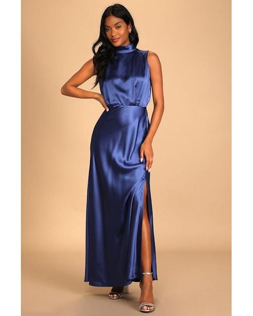 Lulus Blue Classic Elegance Satin Sleeveless Mock Neck Maxi Dress