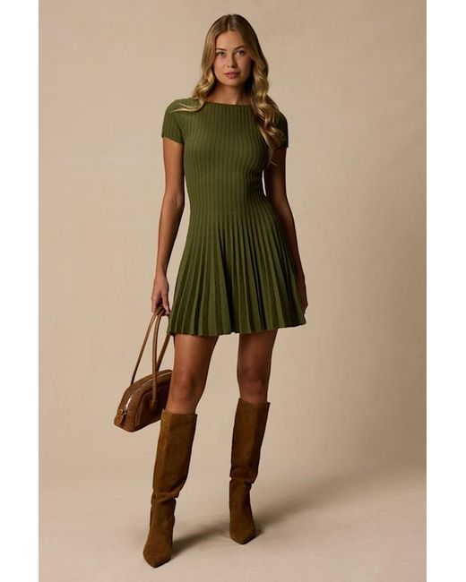 Lulus Green Sarielle Pleated Sweater Mini Dress