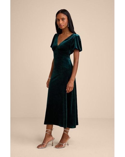 Lulus Black Obrissa Emerald Velvet Puff Sleeve Tie-Back Midi Dress
