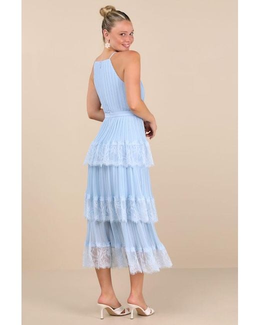 Lulus Blue Came For Cocktails Pleated Tiered Lace Maxi Dress
