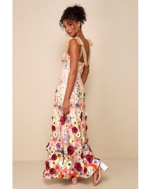 Lulus Natural Thriving Poise Blush 3D Floral Embroidered Tie-Strap Maxi Dress