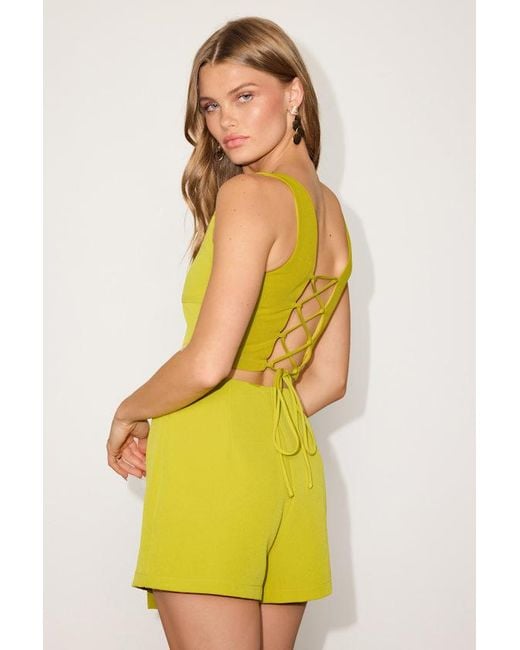 Lulus Yellow Exceptionally Styled Chartreuse Lace-Up Two-Piece Skort Romper