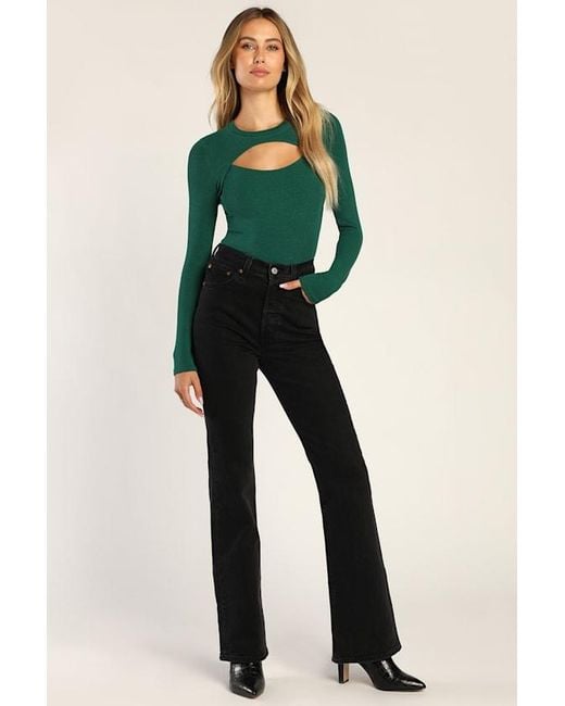 Lulus Green Flirty Little Secret Ribbed Cutout Long Sleeve Top