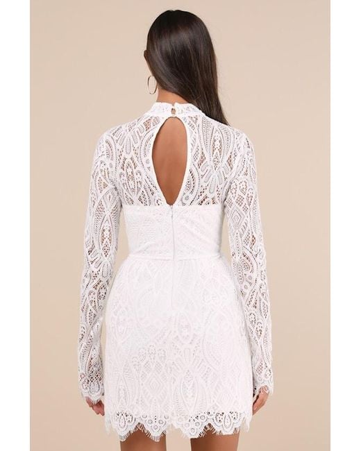 Lulus Natural Gorgeous Attraction Lace Structured Long Sleeve Mini Dress