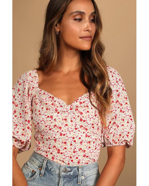 Lulus Blue Beautiful Hues Floral Print Puff Sleeve Ruched Bodysuit