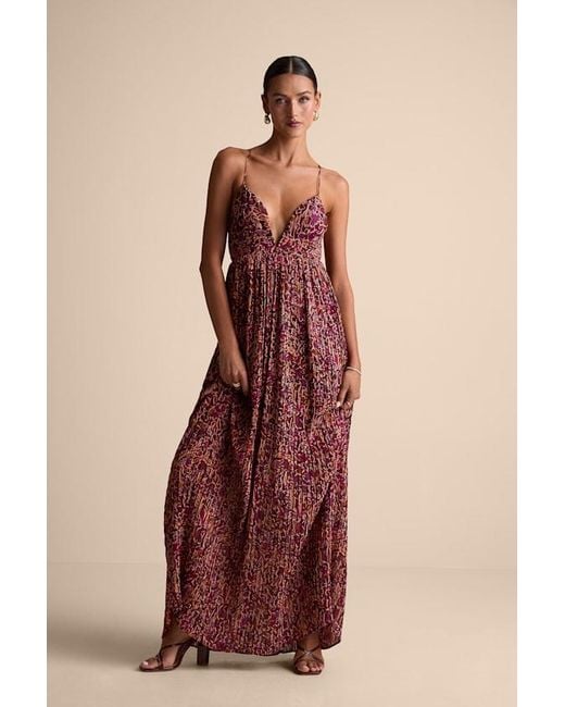 Lulus Women's Red Kit Plum Multi Floral Pleated Lace-Up Maxi Dress