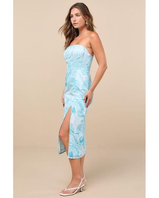 Lulus Blue Lyra Leaf Print Strapless Midi Dress