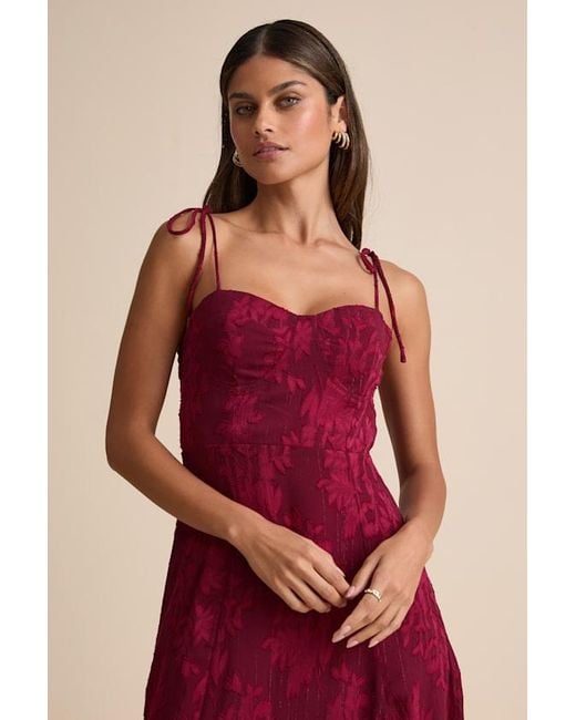 Lulus Red Loveliest Looks Floral Jacquard Tie-Strap Midi Dress