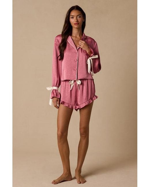 Lulus Pink Kelda Satin Ruffled Two-Piece Pajama Set