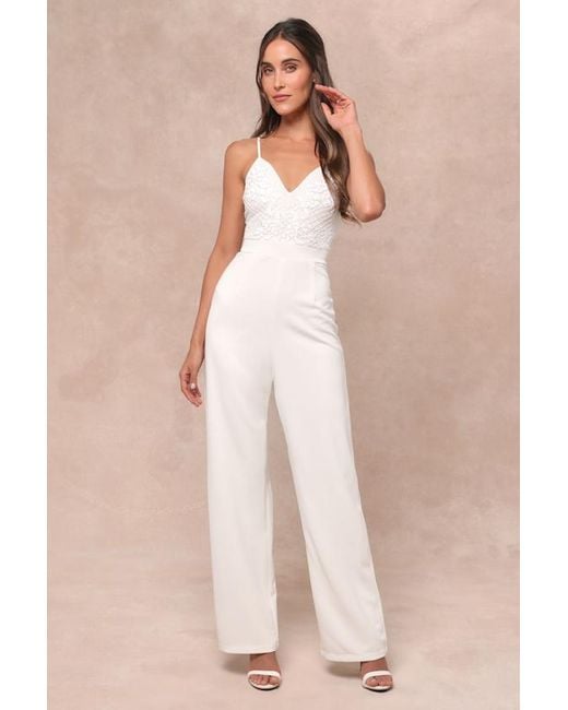 Lulus Memorable Occasion Beaded Sequin Wide Leg Jumpsuit in Natural Lyst UK