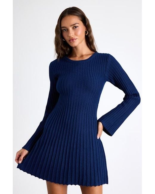 Lulus Women's Blue Convincing Poise Ribbed Long Sleeve Skater Mini