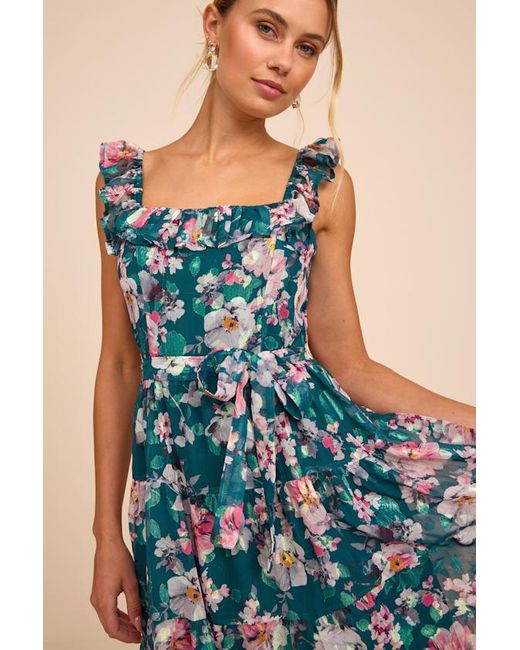 Lulus Blue Shela Floral Jacquard Tiered Midi Dress