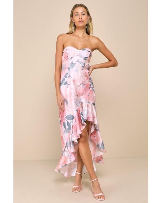Lulus Pink Blushing Darling Floral Strapless High-Low Maxi Dress