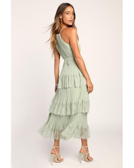 Lulus Green Came For Cocktails Pleated Tiered Lace Maxi Dress