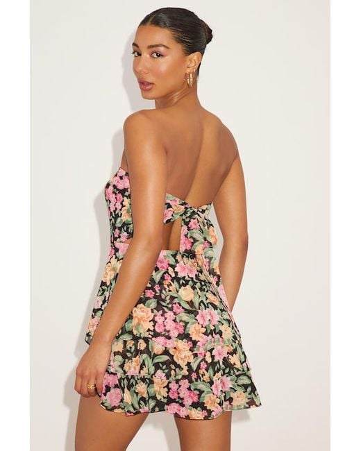 Lulus Black Suvi Floral Strapless Tiered Asymmetrical Mini Dres