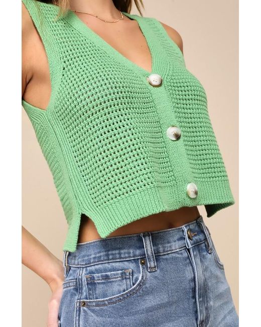 Lulus Green Aesthetic Ease Pierced Knit Button-Front Cropped Tank Top