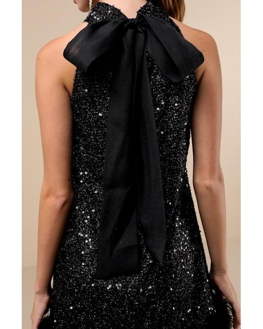 Lulus Black Magnetic Darling Shiny Sequin Feather Shift Mini Dress