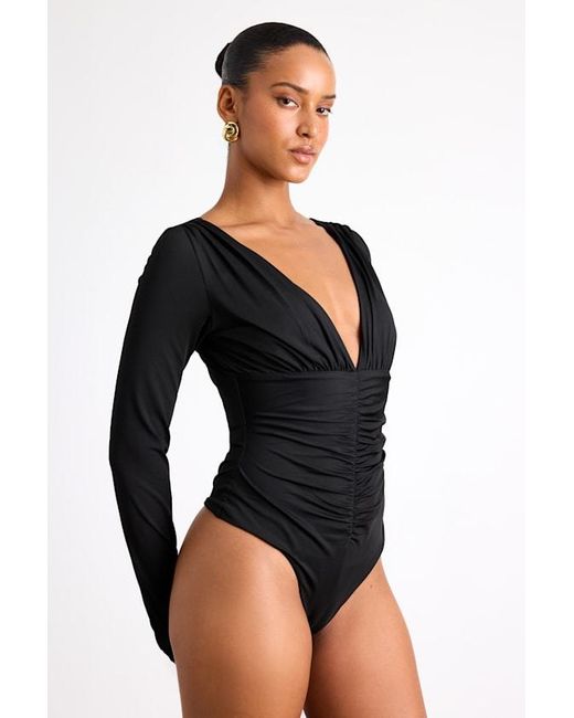 Lulus Black Naiari Slinky Knit Ruched Long Sleeve Bodysuit