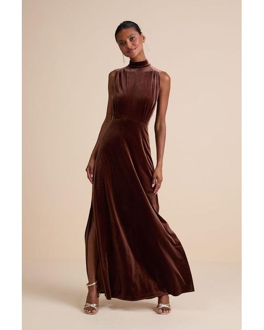 Lulus Brown Classic Elegance Velvet Sleeveless Mock Neck Maxi Dress