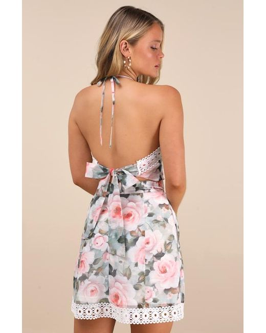 Lulus Green Elianna Sage Floral Crochet Lace Backless Mini Dress