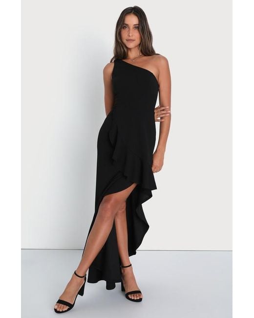 Lulus Black Dramatic Persona One-Shoulder Ruffled Maxi Dress