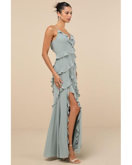 Lulus Blue Fancy Sweetness Ruffled Lace-Up Sleeveless Maxi Dress