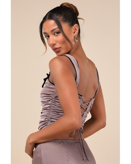 Nia Purple Stan Satin Ruched Crop Top