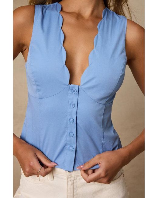 Lulus Blue Seasonally Lovely Scalloped Button-Front Poplin Top