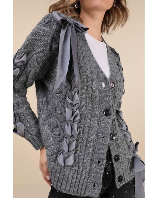 Moon River Gray Hesper Cable Knit Lace-Up Cardigan Sweater