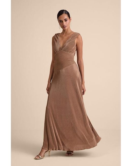 Lulus Renee Satin Plisse V-Neck Maxi Dress in Brown | Lyst