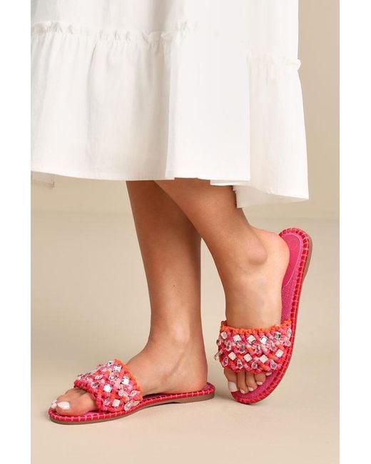 Jessica Simpson Pink Brennara Bright Orchid Woven Rhinestone Slide Sandals