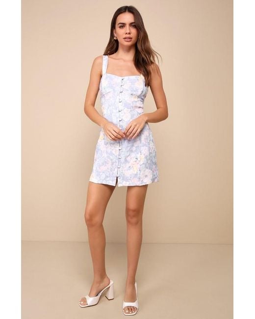 Lulus Blue Ready To Flirt Floral Embossed Button-Front Mini Dress