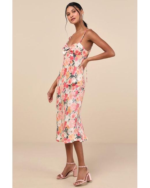Lulus Natural Sensational Spirit Multi Floral Satin Tie-Back Midi Dress