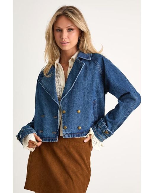 Lulus Blue Abria Medium Wash Denim Double-Breasted Cropped Jacket