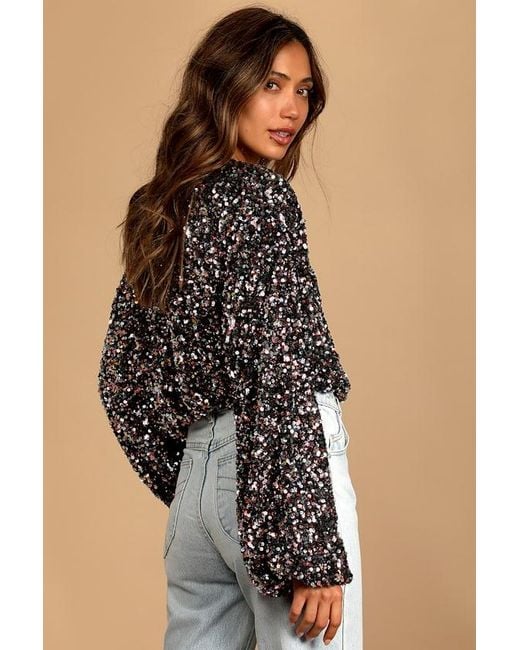 Lulus Pink Keep Dazzling Multi Sequin Long Sleeve Crop Top